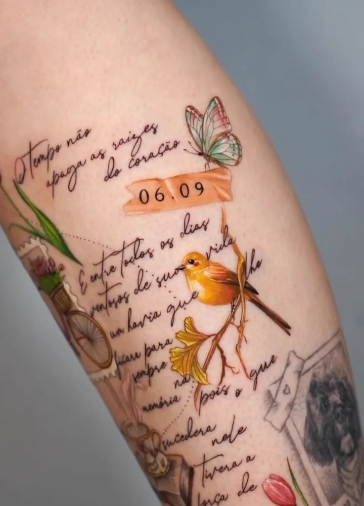 Colagem colorida na perna com carta manuscrita, pássaro, flores, bicicleta e o retrato de um cachorro