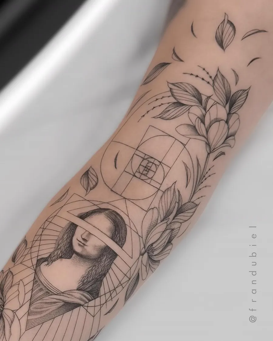 Manga em fineline com a Mona Lisa, flores e a proporção áurea