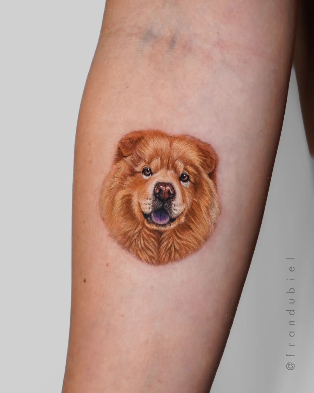 Tatuagem colorida de um chow chow com a língua de fora, no braço
