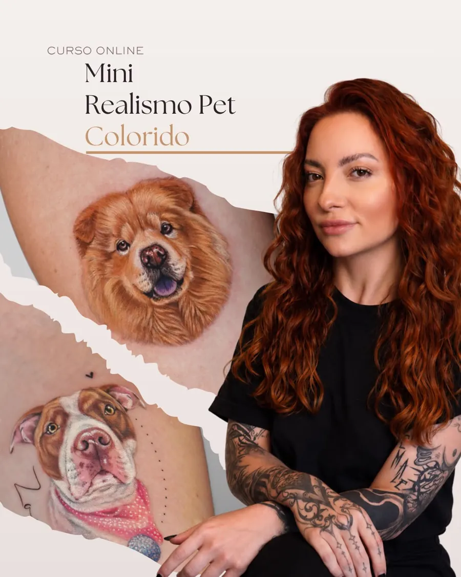 Fran Dubiel ao lado de duas tatuagens de cachorro em mini realismo colorido, divulgação do curso online